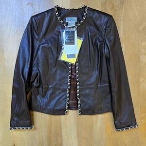 Elegant Brown Leather Jacket with Chain Accents